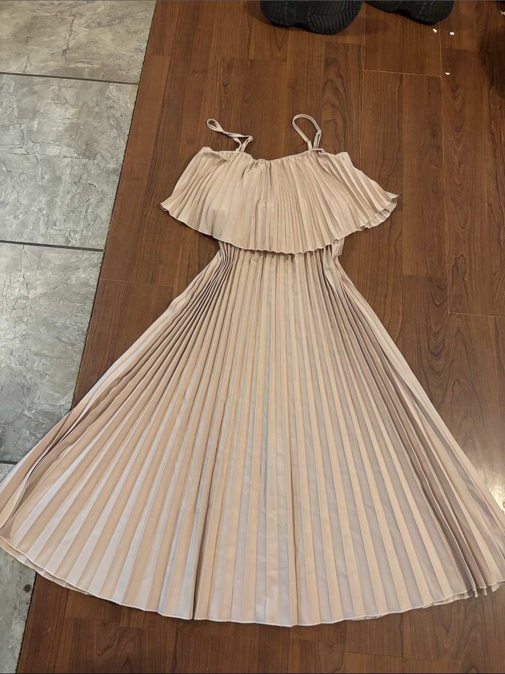 Pleated Blush Midi Dress with Ruffle Bodice